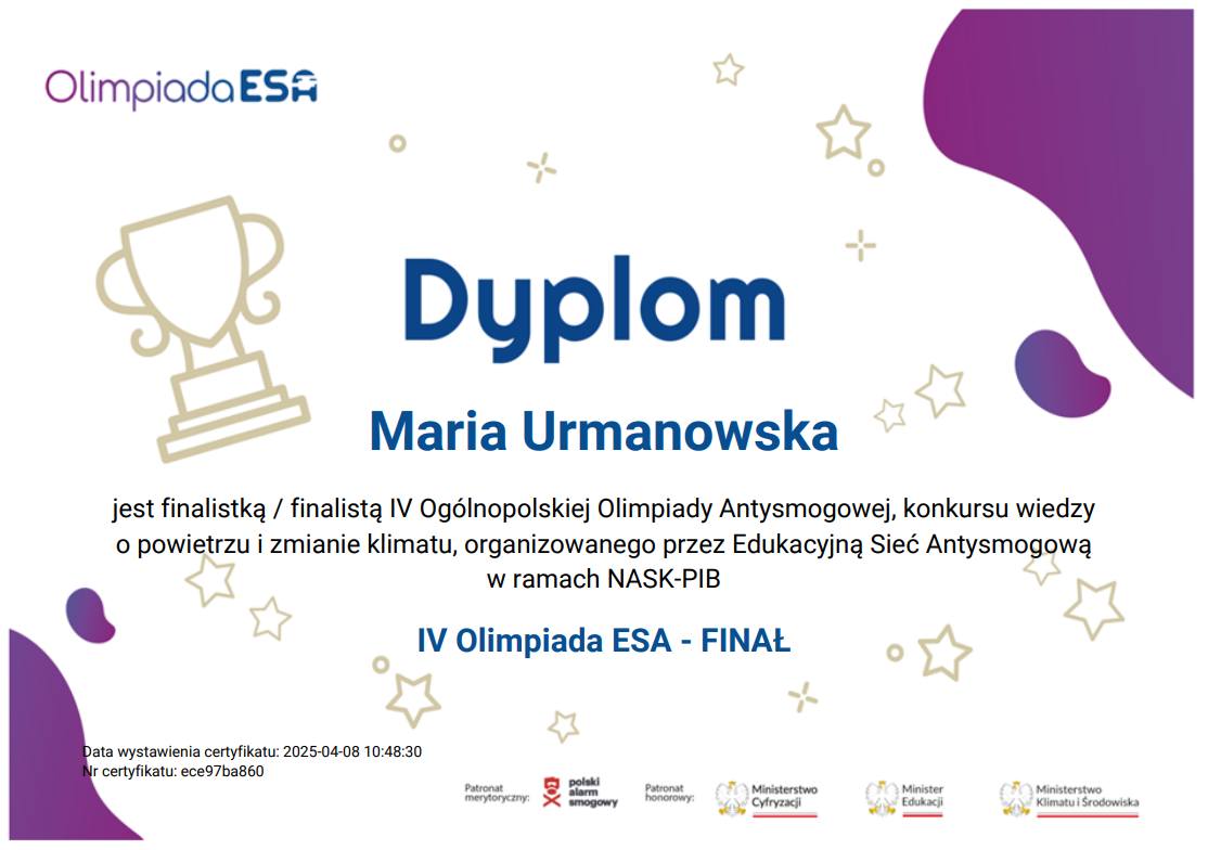 IV Ogólnopolska Olimpiada Antysmogowa - Maria Urmanowska finalistką!